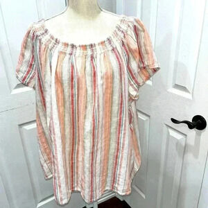 Beach lunch lounge striped linen/cotton blend scoop neck blouse shirt ❤️